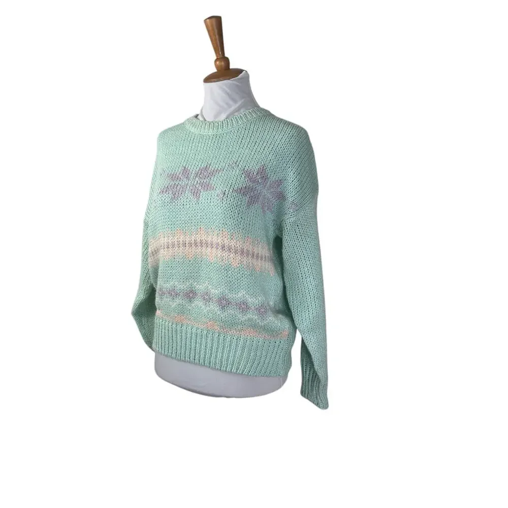 Vintage 80s Mint Green Pastel Knit Sweater Soft Cozy Retro M/L
